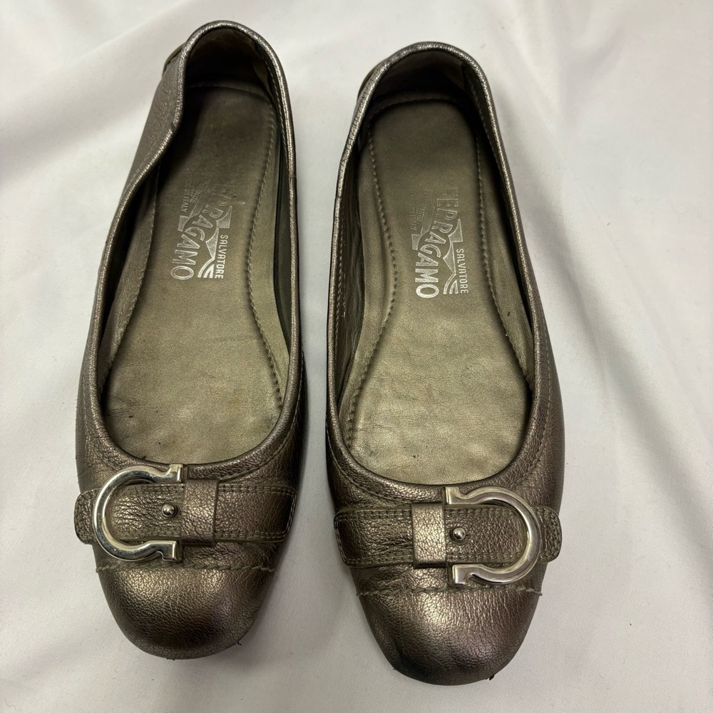 Salvatore Ferragamo Ballet Flats Metallic Bronze Leather US 6.5 Silver Buckle - Picture 2 of 14